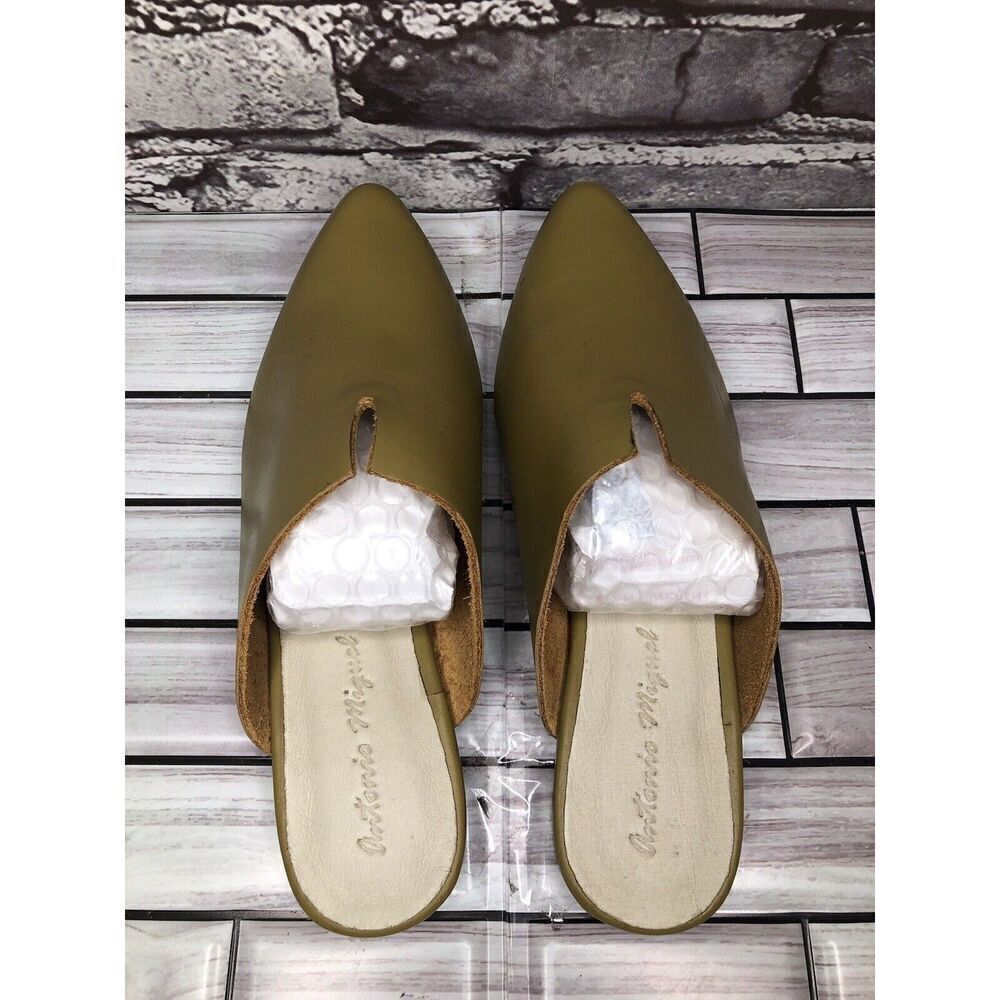 Antonio Miguel Mango Green Leather Center Cut Mules Flats Women Sz 5M US/35EU - Picture 8 of 16